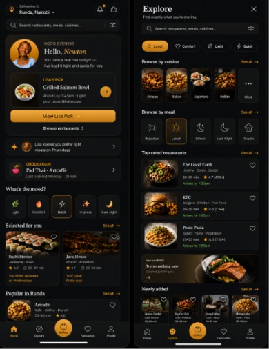 The NOBO app: Lisa's lunch pick for an employee beside the list of partner restaurants